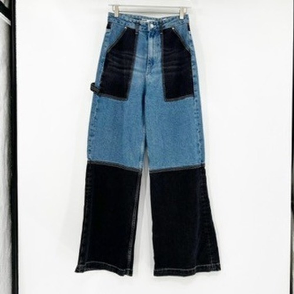 Bershka Carpenter Jeans Womens Wide Leg Colorblock Denim Pants